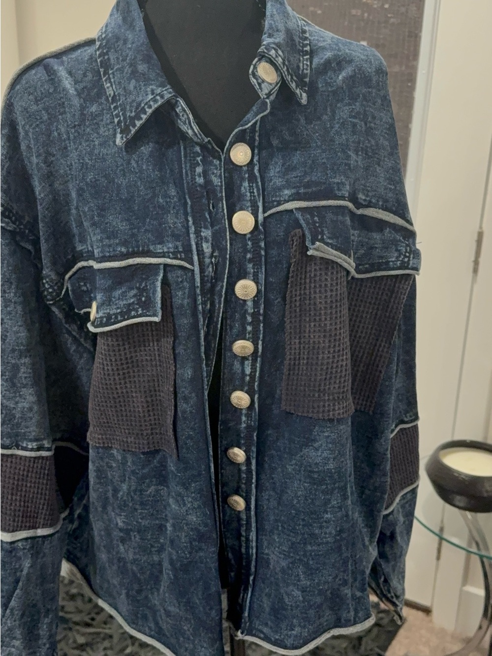 POL Washed Navy Button-Front Shirt Jacket with Textured Pocket Panels